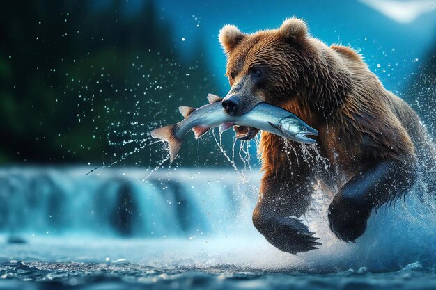 Photo bear is swimming in river with a fish in its mouth