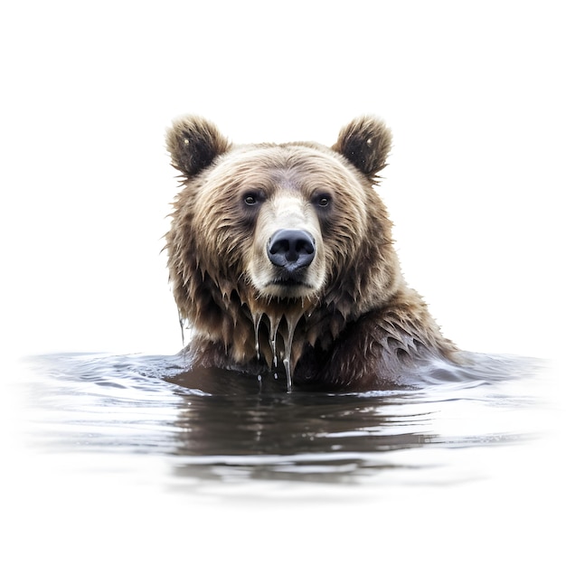 A bear is swimming in the water with his mouth open.