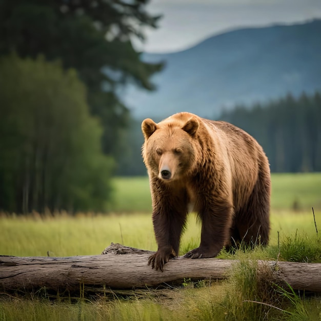 Foto un orso sta camminando su un tronco in un campo.