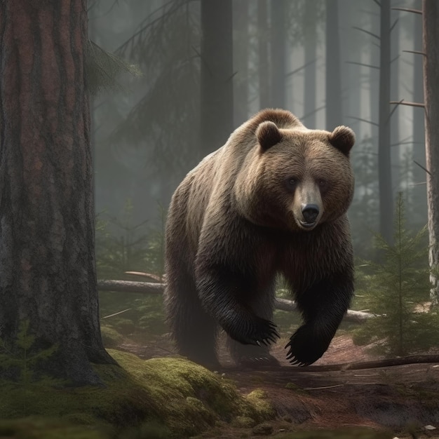 A bear is walking through a forest with a forest background.