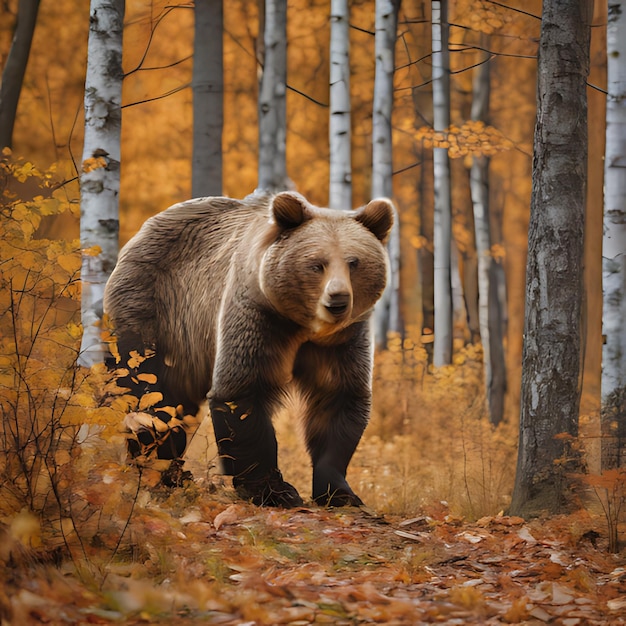 a bear is walking through a forest with trees in the background