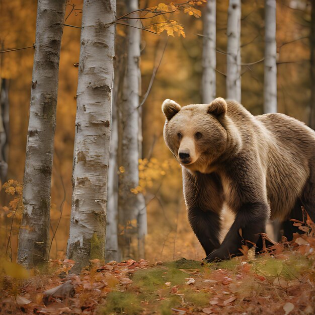 Foto un orso sta camminando attraverso una foresta con alberi sullo sfondo