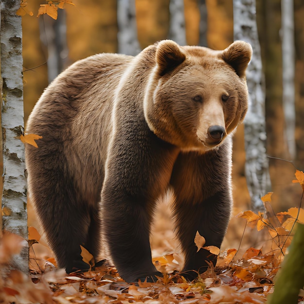 a bear is walking through the woods with leaves on the ground