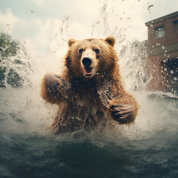 медведь в воде и находится в воде.