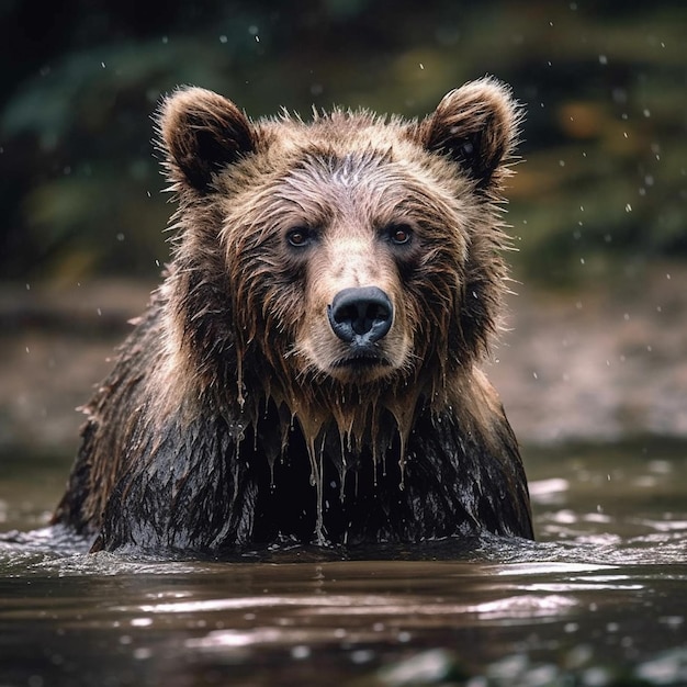 クマが水の中にいて、水は雨で覆われています。