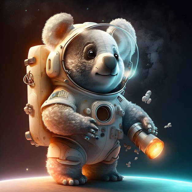 A bear is wearing a astronaut suit and has a light on his back.