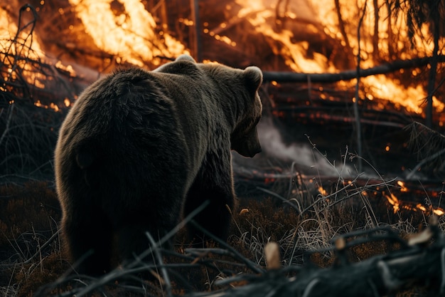 Bear kijkt terug op brandende bomen.