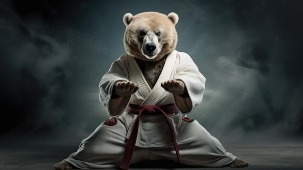 a bear in a kimono is wearing a karate belt.