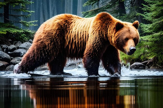 A bear in a lake with trees in the background