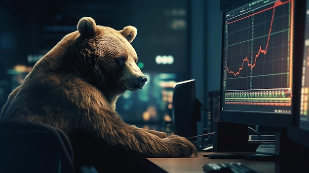 Photo bear looking at computer monitor with stock market data generative ai