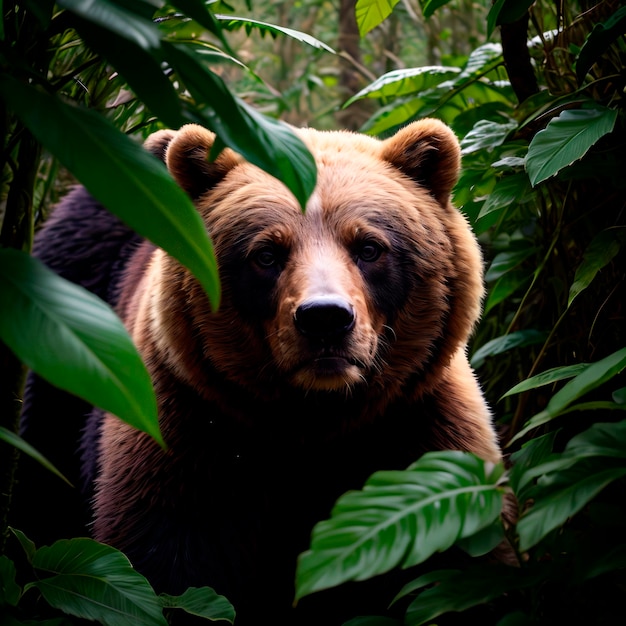 A bear looks through the jungle foliage