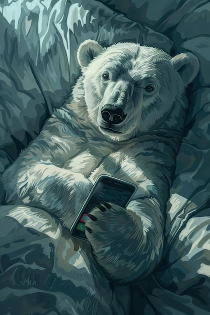 A bear lying on the couch and looking at a smartphone Illustration