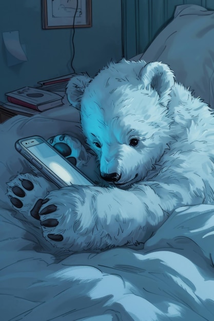 Медведь лежит на диване и смотрит на смартфон Иллюстрация