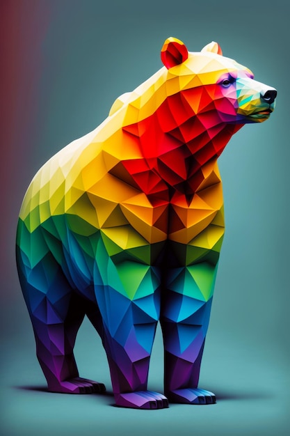 Bear made out of multicolored polygonics on blue background Generative AI