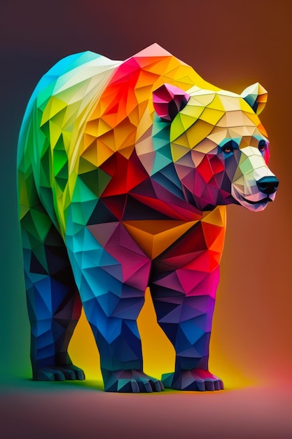 Bear made up of multicolored triangles on dark colored background Generative AI