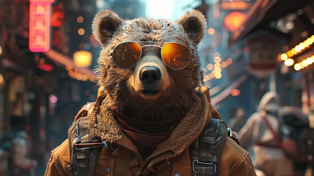 медведь в военной форме с защитными очками на голове