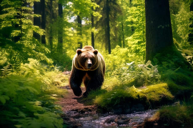 Foto un orso in una foresta di montagna generato dall'intelligenza artificiale