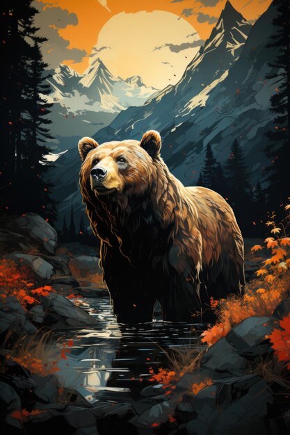 Bear and Mountain Illustration generative IA