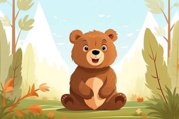 Photo bear in nature drawn cartoon animal illustration generative ai