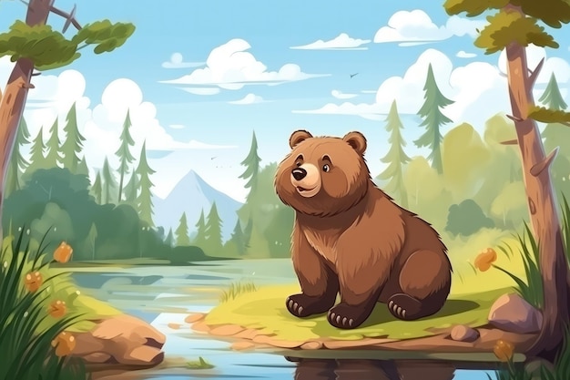 Bear in nature Drawn cartoon animal illustration Generative ai