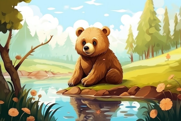 Photo bear in nature drawn cartoon animal illustration generative ai