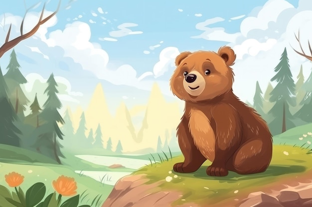 Медведь в природе Нарисованная иллюстрация мультяшного животного Генеративный ИИ