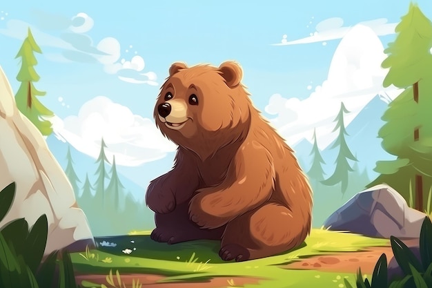 Bear in nature Drawn cartoon animal illustration Generative ai