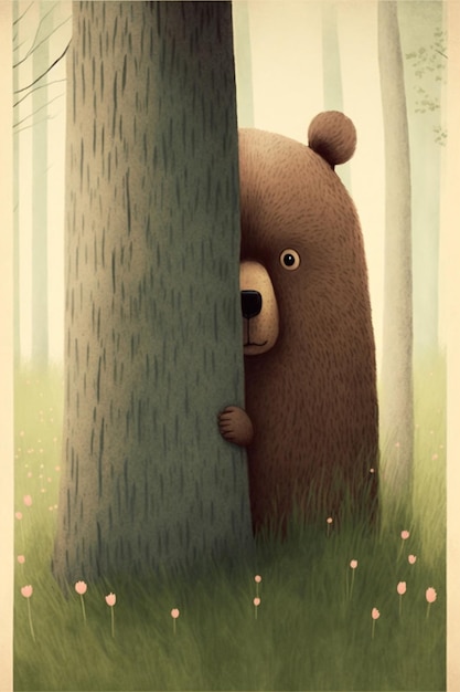 Bear peeks its head out from behind a tree generative ai