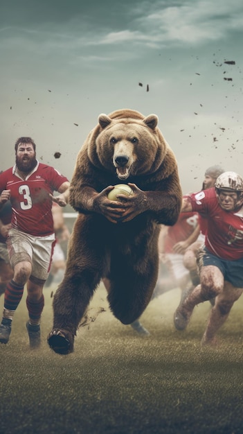 bear play ragby Humanized animal photo professional view realistic shot sport