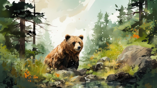 Bear playing around in a very bright forest glade green with pinetrees brush painting