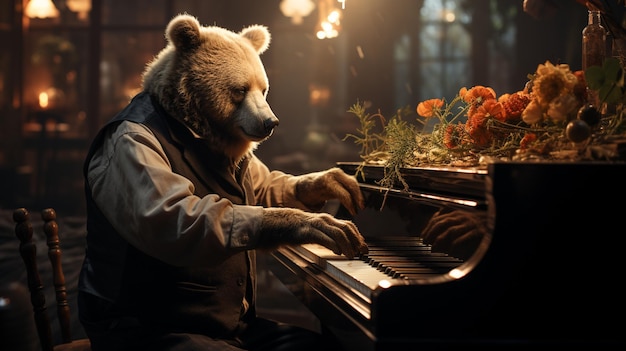 Медведь играет на пианино на сцене