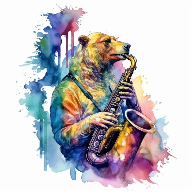 На белом фоне нарисован медведь, играющий на саксофоне.