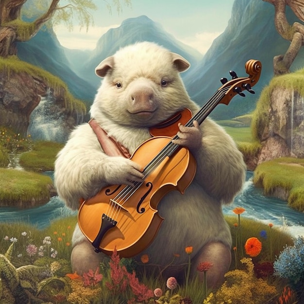 A bear playing a violin in a mountain landscape