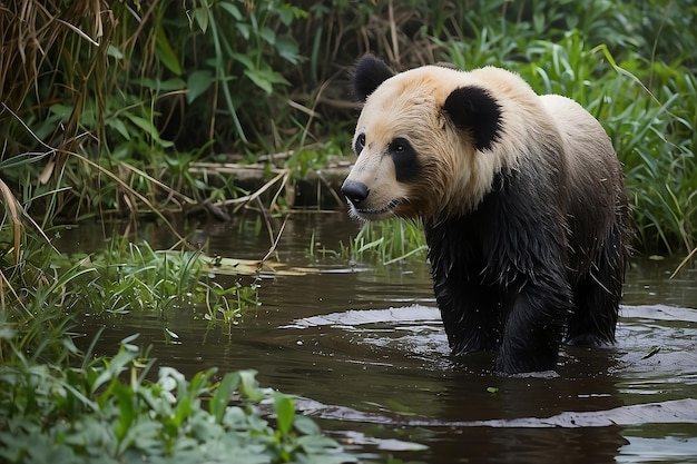 Photo a bear in a pond with a black and white face