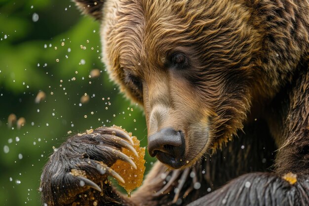 A bear in the process of harvesting honey from a beehive
