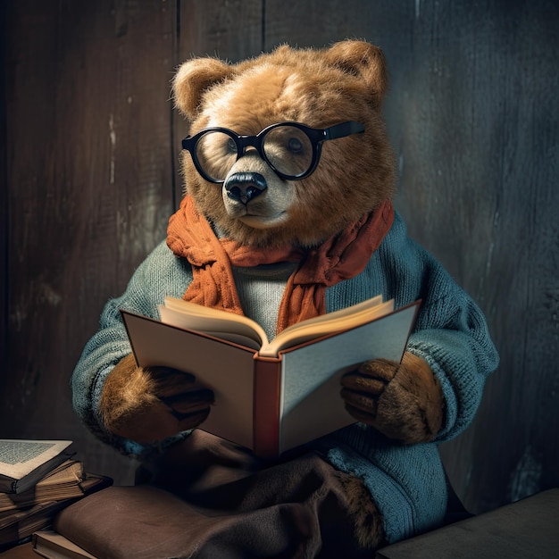 照片一只熊阅读书世界书日的概念
