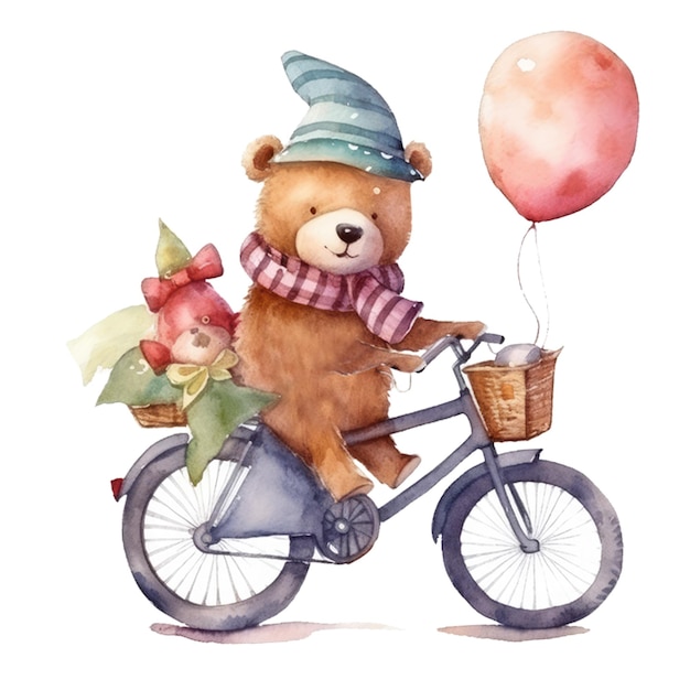 A bear riding a bicycle with a balloon and a little girl on the back.