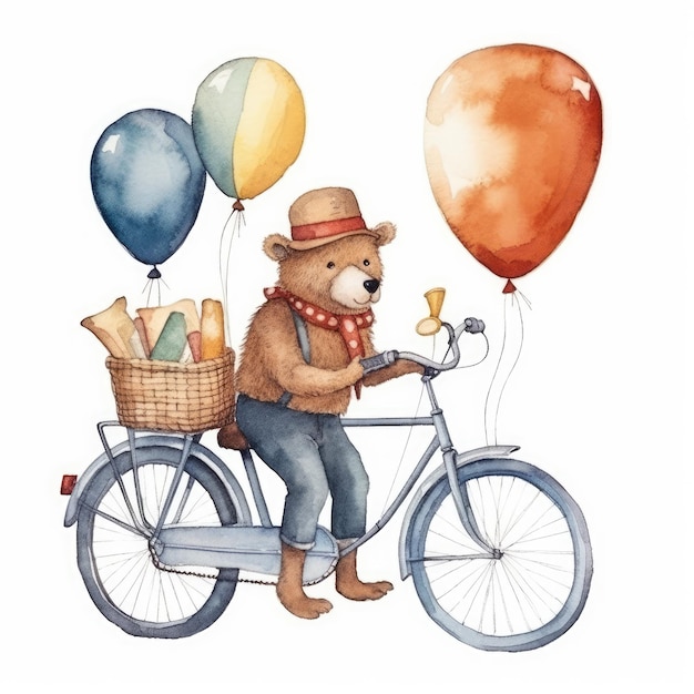 Bear riding a bicycle with balloons and a hat.