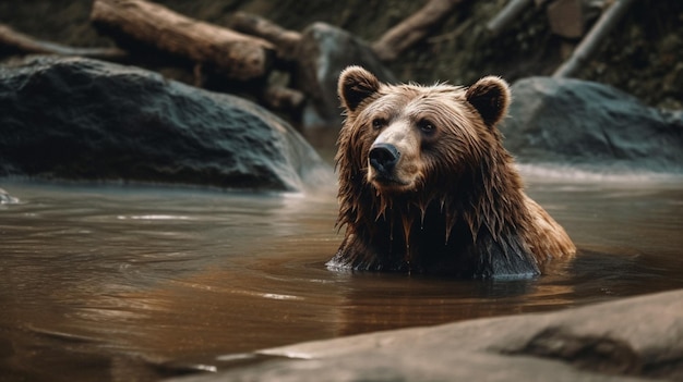 A bear in a river with rocks in the background