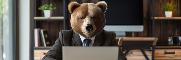 Photo the bear rules the stock market a carnivore teddy bear in a suit and tie sits in front of a laptop