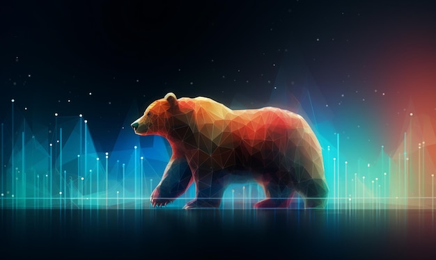 Bear shape by lines and dots polygon over the futuristic Stock market lighting