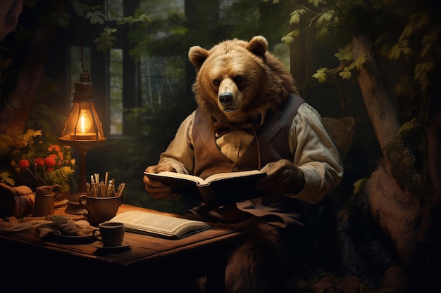 A bear in a shirt and trousers reads a book under a tree Anthropomorphic animals