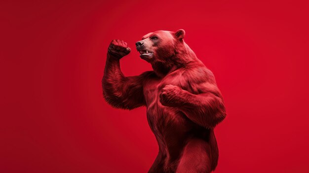 Bear showing fighting pose on red background Bearish divergence in stock market and cryptocurrency