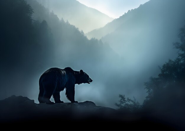 Photo bear silhouette in a foggy mountain landscape