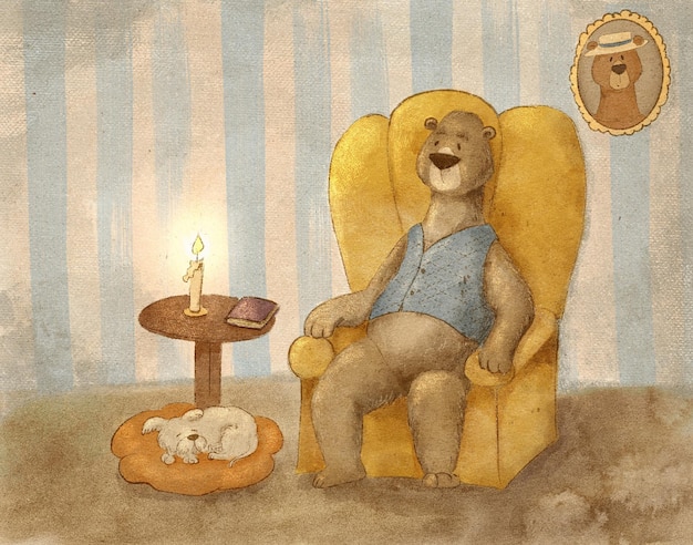 A bear sits in a chair next to his dog friend sleeping illustration for a children's book