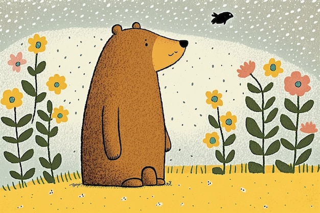 A bear sits in a field with flowers and a black bird on the background.