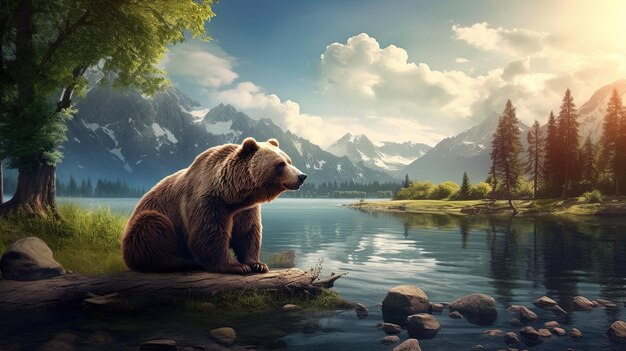 a bear sits on a log in front of a mountain lake