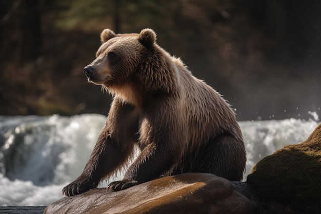 A bear sits on a rock in front of a waterfall.