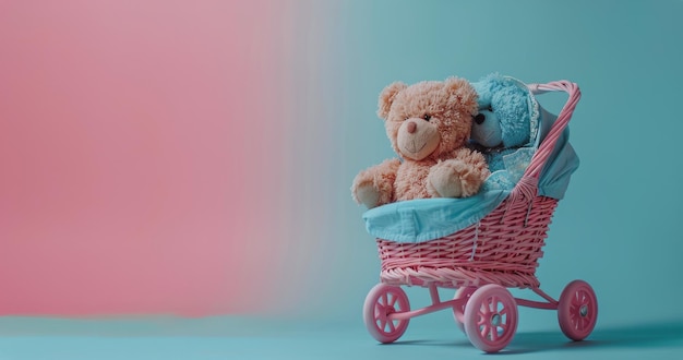 Bear Sitting in a Basket Next to Bear in Stroller