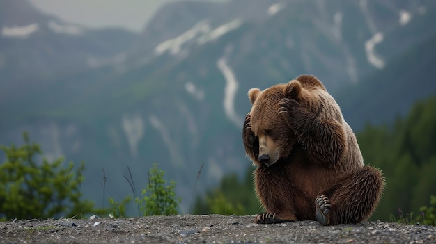 Photo bear sitting with his paw on his head as if in despair concept emotions generative ai